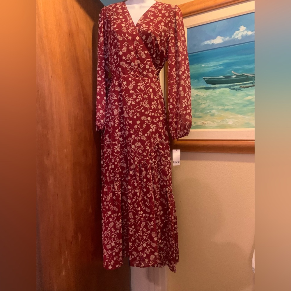 Bar III Red Floral Long Sleeve Wrap Hi-Lo Dress Size S New w Tags